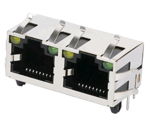 501-3108 MagJack 1X2, 100 Base-T, POE+, 30W, Tab-Up, TH, 90°, EMI, 25.4mm