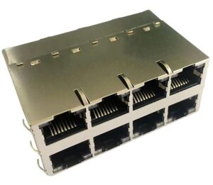 501-3109 MagJack 2X4, 100 Base-T, POE+, 30W, TH, 90°, EMI, 28.4mm